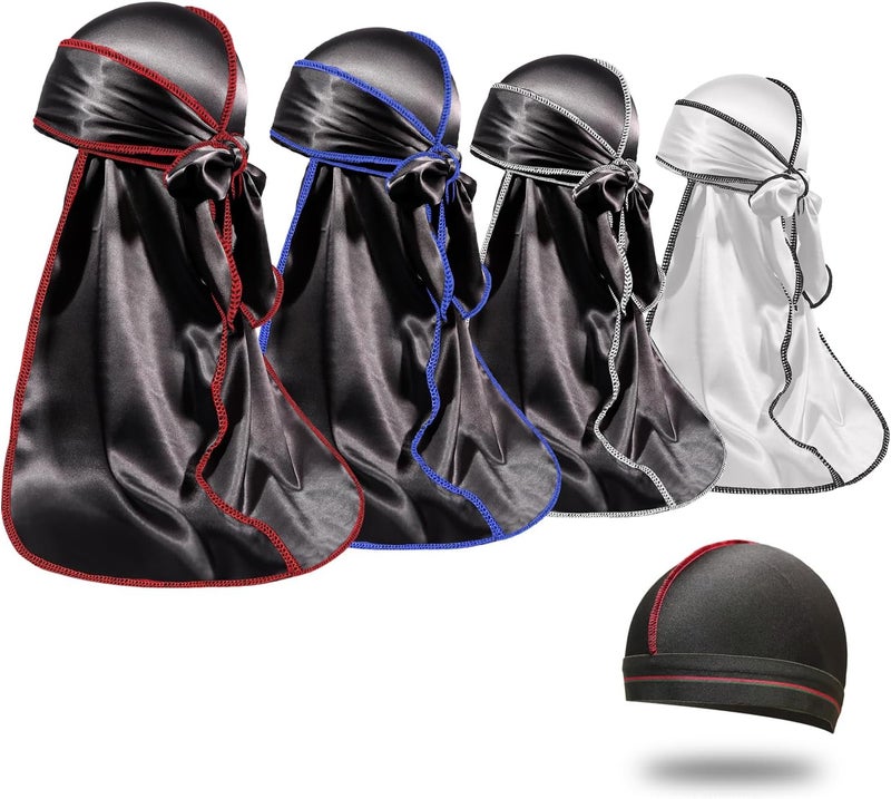 ForceWave 4PCS Silky Durags for Men Women 360 Waves with 1 Wave Cap, Silky Satin Durag Extra Long Tails - Image 1